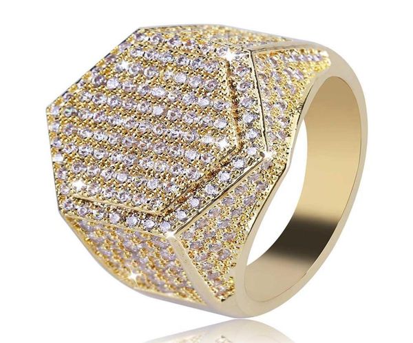 Кольцо с шестигранником в стиле хип-хоп, медь, золото, серебро, с покрытием Iced Out, кольцо с кубическим цирконом Micro Pave для мужчин и женщин r014576009
