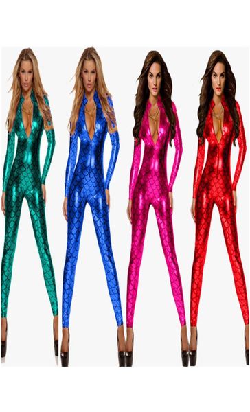 Trajes de Catsuit Mulheres Macacões Verdes Romper Sexy Sólido Látex Catsuits Vermelho Zíper Night Club Manga Completa Azul Falso Couro Bodysu9469351