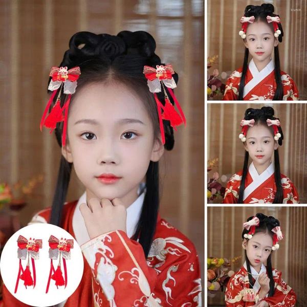 Acessórios de cabelo 1 par clipe de laço vermelho com pompons fuzzy brancos bonito estilo chinês mulheres meninas crianças festival de primavera