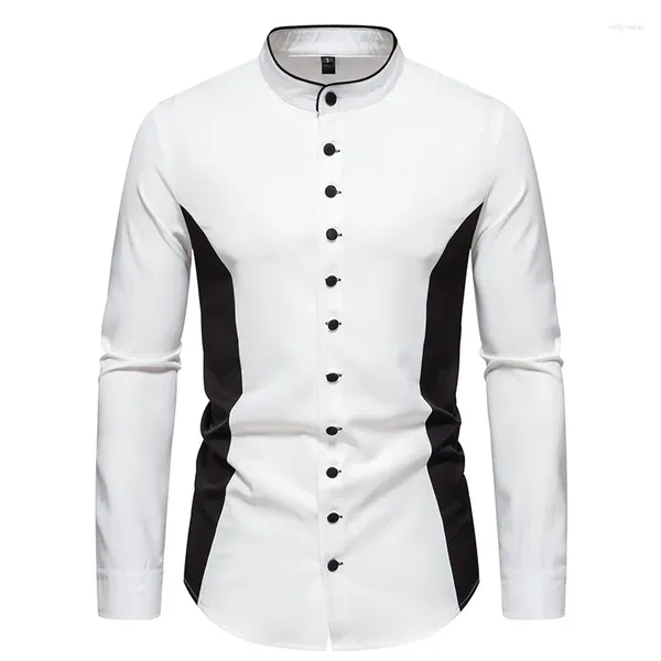 Camicie casual da uomo Camicia Henley a maniche lunghe patchwork bianco nero da uomo 2024 Abito da lavoro con colletto alla coreana fasciato di marca