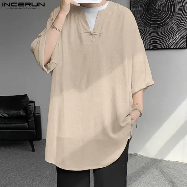 Camisas casuais masculinas Incerun 2024 camisa masculina cor sólida vintage solto decote em v manga curta roupas retro streetwear estilo chinês