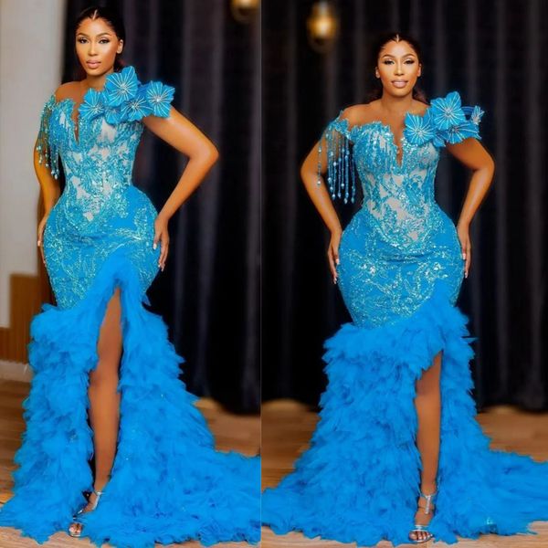 2024 Aso Ebi Ballkleider in Übergröße, asymmetrisch, blau, transparenter Ausschnitt, Abendkleider, formelle Kleider für schwarze Frauen, plissierter Tüll, Geburtstagskleider, Verlobungskleider, NL525