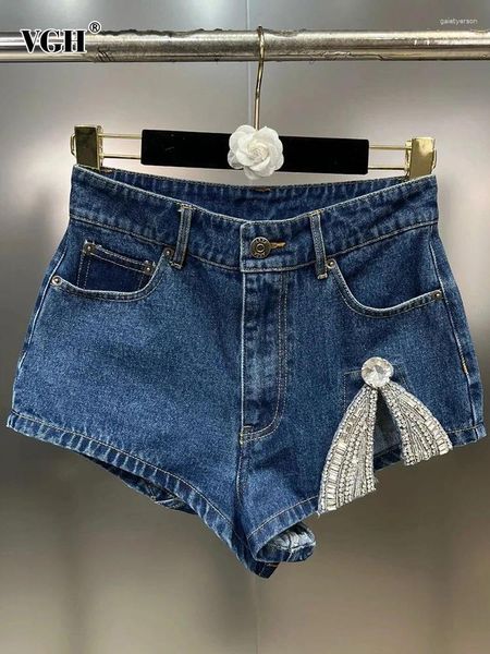 Shorts femininos vgh retalhos diamantes casual denim para mulheres cintura alta bolsos emendados minimalista emagrecimento calças curtas moda feminina