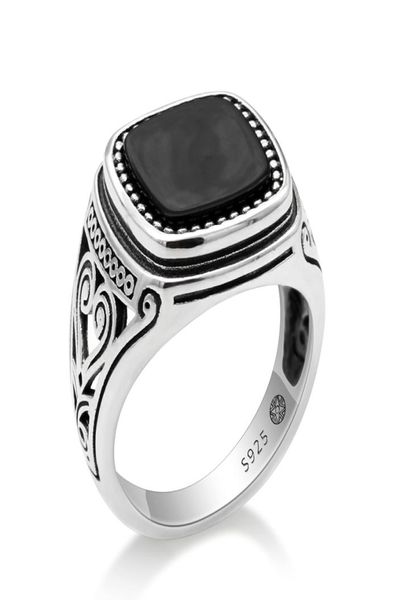 Anello da uomo in argento sterling 925 con Suqare Pietra nera naturale design intagliato Anello in argento tailandese per donna Uomo Gioielli turchi1422319