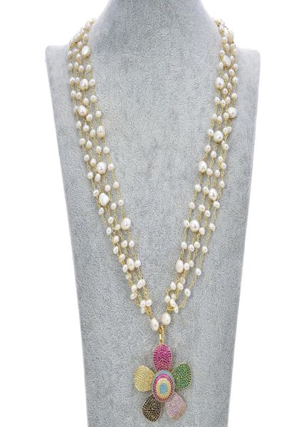 Guaiguai jóias 4 fios colar de pérola branca cz pave flor pingente para mulheres pedras preciosas reais pedra senhora moda jóias7107176