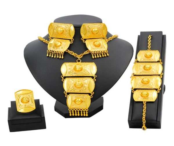 Set di gioielli africani Oro Dubai Donna Set di gioielli d'oro Collana Bracciale Orecchini Gioielli etiopi di lusso per matrimonio7424744
