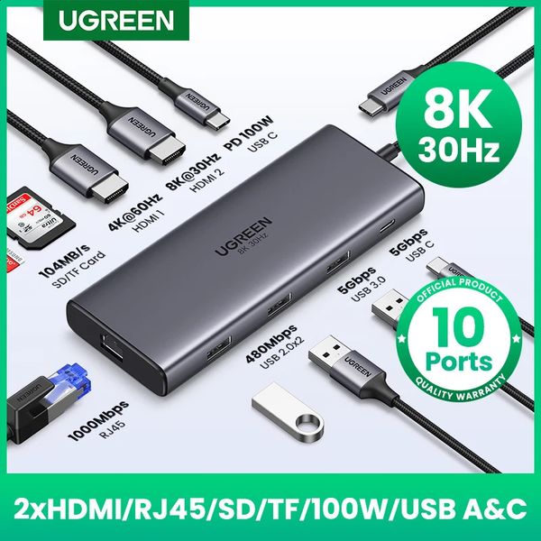 UGREEN Adattatore Dual HUB USB 8K Splitter 10 in 1 con Dock RJ45 USB 3.0 PD 100W per MacBook Pro Air M2 M1 USB C HUB 240126