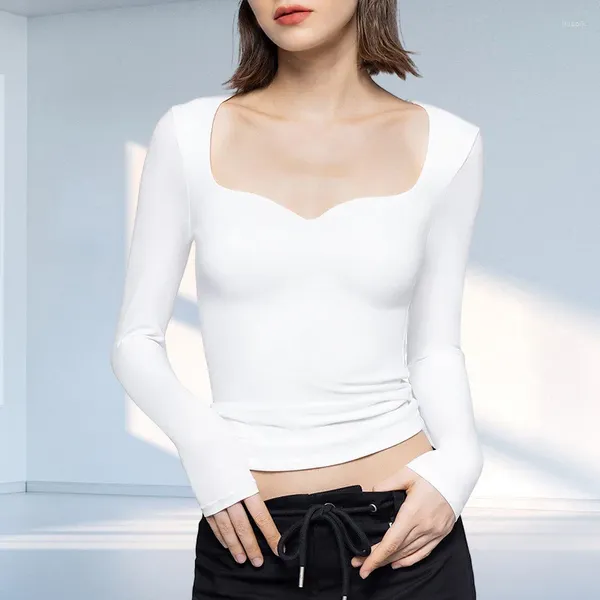 Женские футболки 2024, женский укороченный топ с квадратным вырезом и длинными рукавами, весенняя базовая футболка с двойной подкладкой, осенняя повседневная облегающая рубашка для выхода в свет