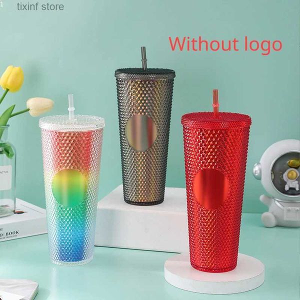 Tumblers Palha Copo Dupla Camada Galvanizado Colorido Durian Cup Womens 710ml Grande Capacidade Palha Copo Reto Corpo Copo Estudante Presente T240218