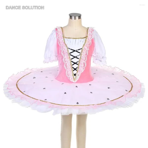 Stage Wear Maniche corte a sbuffo Tutu di balletto Corpetto di velluto rosa con gonna bianca Costume professionale per costumi da donna BLL401