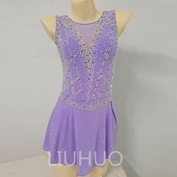 Vestido de patinação artística meninas adolescentes mangas compridas azul saia de dança de patinação no gelo cristais de qualidade roupa de dança balé performance luz roxa