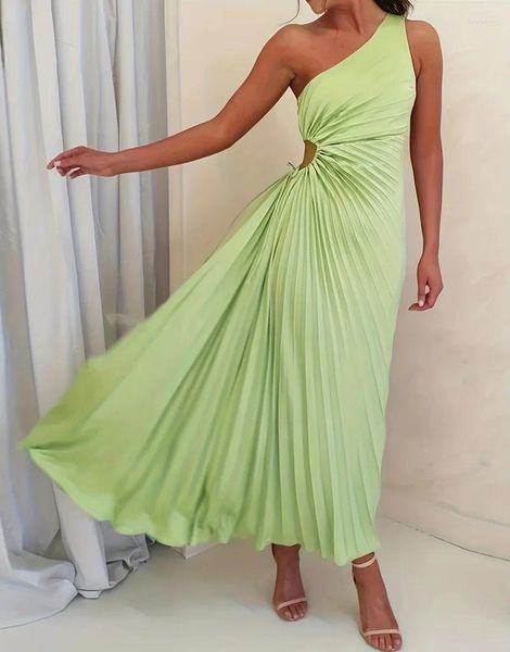 Vestidos casuais feminino um ombro oblíquo pescoço longo vestido de verão plus size elegante cor sólida vinco s m l xl 0xl 1xl xxl xxxl 4xl