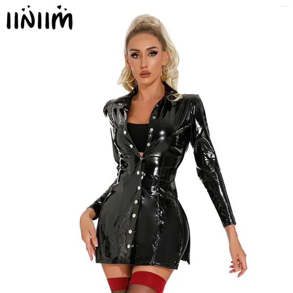 Lässige Kleider Sexy Damen Latexjacke Kleid Wet Look Lackleder Clubwear Stehkragen Langarm Button Up High Split Mini Bodycon