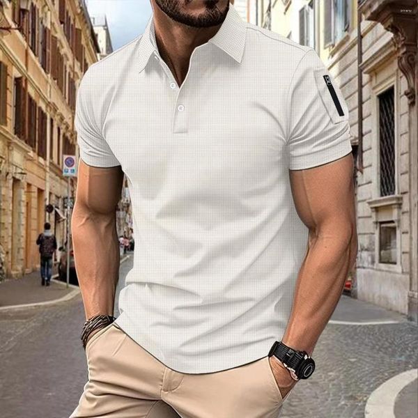 Herren-Poloshirts, Sommer, lässig, modisch, Revers, Knopf, Waffelarm, Reißverschluss, echte Tasche, einfarbig, Sport, atmungsaktiv, kurzärmelig