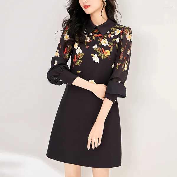 Vestidos casuais preto feminino floral impressão vestido a linha 2024 outono turn-down colarinho chiffon manga longa moda elegante para mulheres