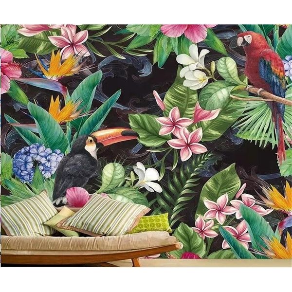 Personalizado estilo sudeste asiático floresta tropical folha de bananeira flor e pássaro papel de parede sala de estar quarto 3d 240122
