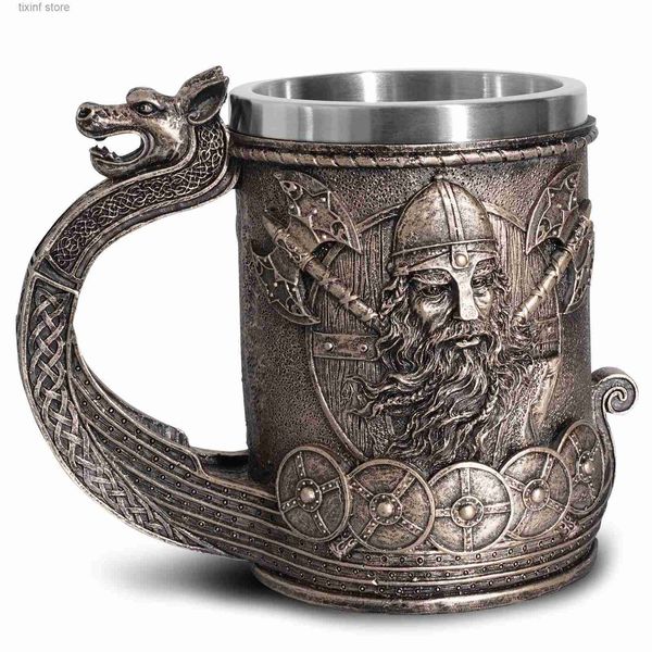 Tumblers 600ml Viking tarzı bira kupa ortaçağ ejderha reçine paslanmaz çelik bira kupa retro kafatası tankard kahve kupa çay kupası t240218