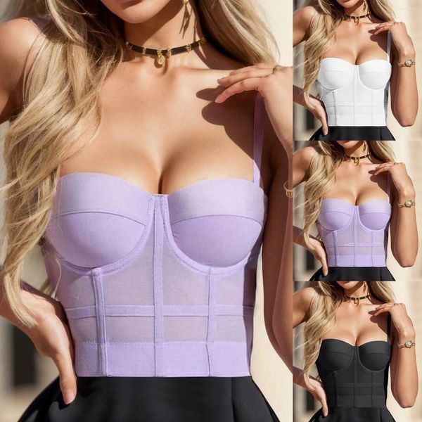 Frauen Tanks Korsett Bustier Bh Fishbone Spaghetti Strap Crop Top Mesh Push Up Bustier Weibliche Nabel Einfarbig Mode 2024