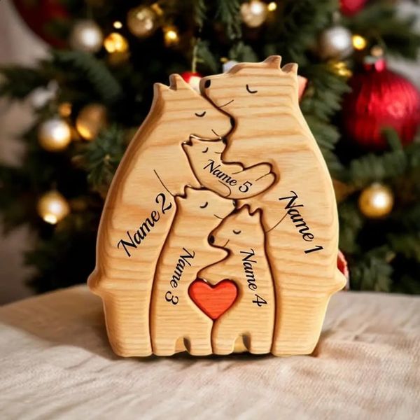 Incisione gratuita Fai da te Famiglia di orsi Puzzle in legno Personalizzato Decorazione da scrivania personalizzata Regalo di compleanno di Natale Decorazione della casa Figurine 240124