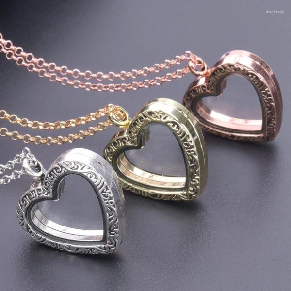 Colares pingentes filigrana padrão coração colar para mulheres vidro flutuante medalhão relicario po colares 60cm o-forma cadeias jóias