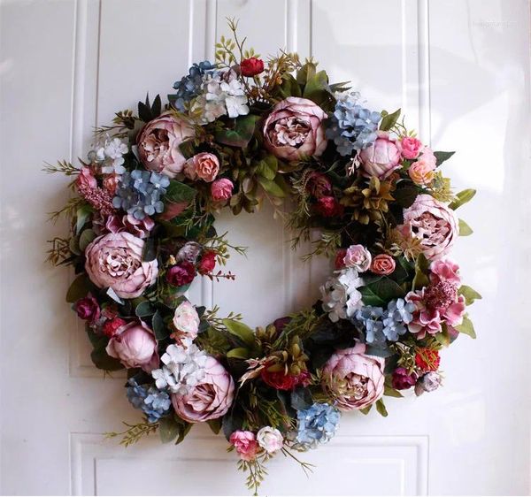 Fiori decorativi 55 cm Grande ghirlanda per porta Decorazione della parete della casa Finestra Rosa 22 pollici Ghirlanda di fiori di peonia artificiale Natale