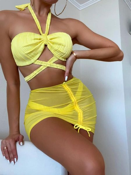 Damenbadebekleidung 3 Stück Gelb Bikini Set Solide 2024 Badeanzug Frauen Halter Weibliche Sexy Badegäste Baden Schwimmen Badeanzug Beachwear
