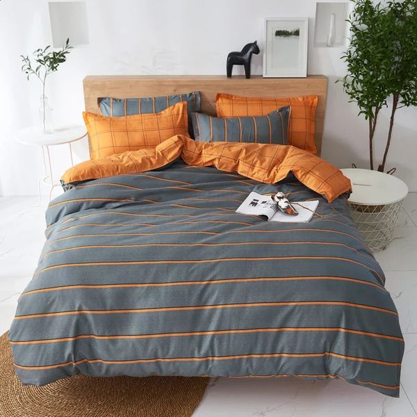 Suprimentos de cama super quente macio para baixo capa de edredão suprimentos de cama fina listra laranja cinza suprimentos 3 peças 4 peças tamanho completo 240218