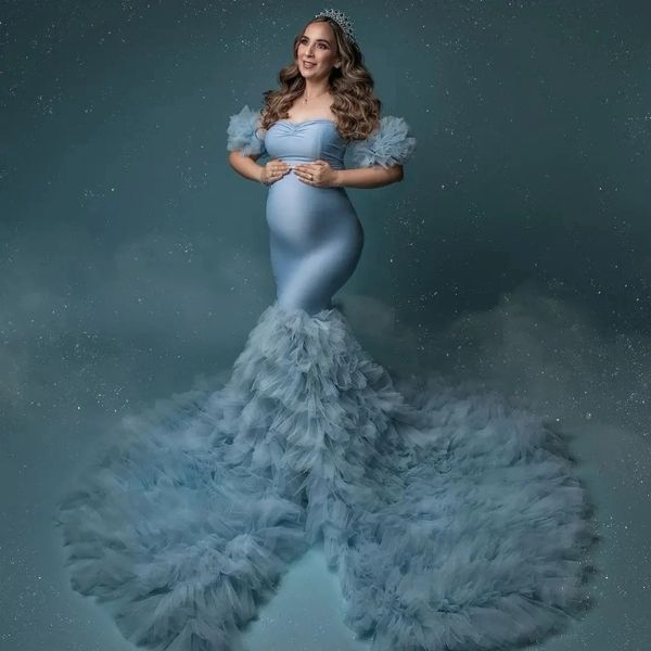 Şaşırtıcı tozlu mavi analık elbise için, photoot için yemyeşil fırfırlar hamilelik hamileliği, Fotoğraflar için Babyshower Gelin Elbise