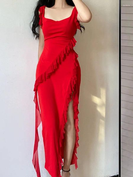 Повседневные платья Womengaga Sexy Elegant Red Long Dress Slim Ruffle Brap Fashion Robe 2024 Sweet Tops RH8B