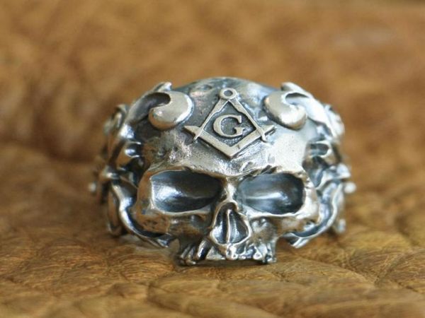 LINSION Anello teschio massonico in argento sterling 925 Anello punk da motociclista da uomo TA116 Taglia USA da 7 a 158132947