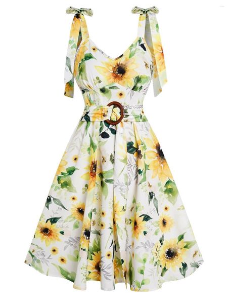 Lässige Kleider, weiblicher Sonnenblumen-Druck, Urlaubskleid, Strandparty, Garten, Robe, Schleife, Schultergurt, O-Ring, Selbstgürtel, Mini-Kleid