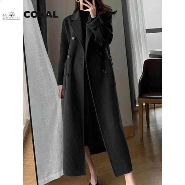 COKAL AutumnWinter mode Koreanische frauen schwarz kleidung wolle langen mantel Casual trend zweireiher menschlichen jacke 240122