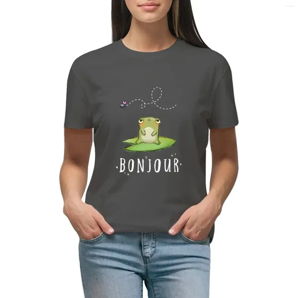 Polos Femininos Bonjour!Bonito sapo francês verde (escrita branca) camiseta senhora roupas kawaii camisetas para mulher ajuste solto