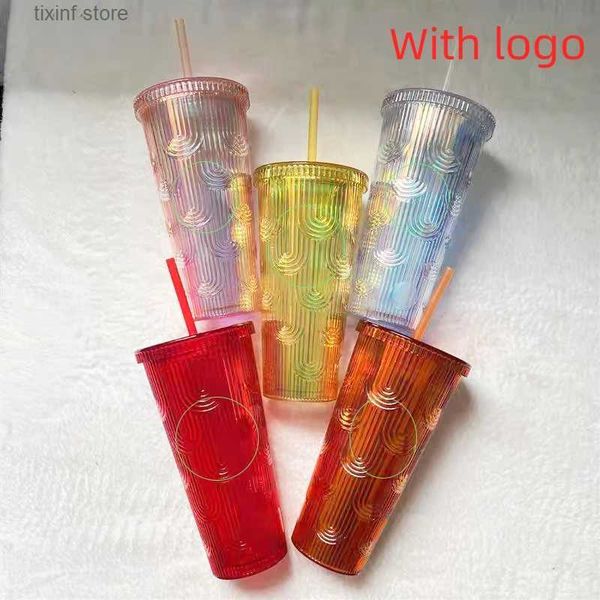 Tumbler 2024 Neues Internet-Promi Meeresjungfrau Cup 710 ml wiederverwendbarer Plastikstrohschalter mit Doppelschicht Kaffeetasse Diamant Durian Cup T240218