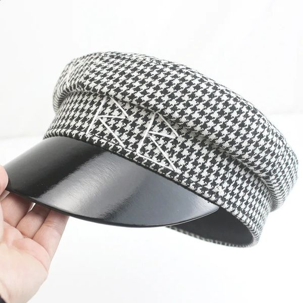 Chapéus de inverno para mulheres moda houndstooth marinheiro chapéu bordado rb militar causal viagem plana boné quente estudante marinha 240202