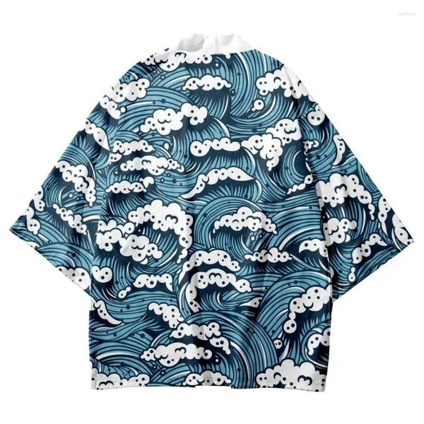 Roupas étnicas Japonês Streetwear Solto Ondas Azuis Imprimir Cardigan Mulheres Homens Harajuku Haori Kimono e Shorts Set Cosplay Top Camisas Yukata