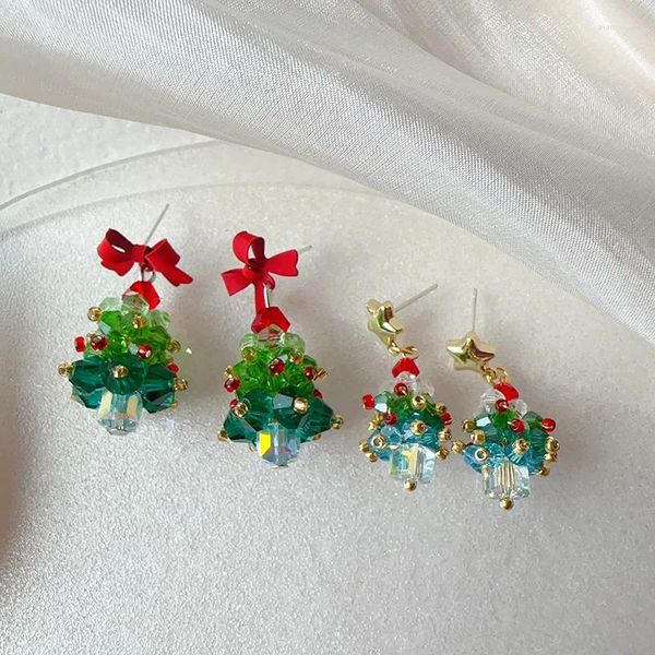 Dangle Brincos Coreano Doce 3D Bowknot Árvore de Natal para Mulheres Verde Cristal Xmas Gota Feliz Jóias Presentes