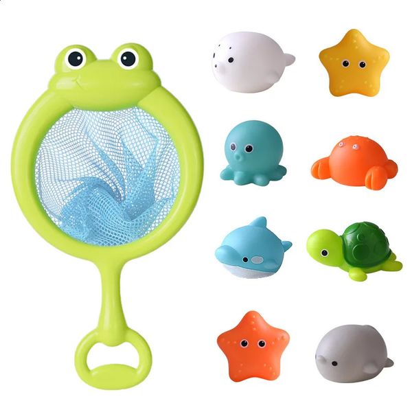 Brinquedos de banho do bebê bonito luminoso flutuante animais natação água luz jogar diversão banheiro banheira pesca net brinquedo para crianças presente 240131