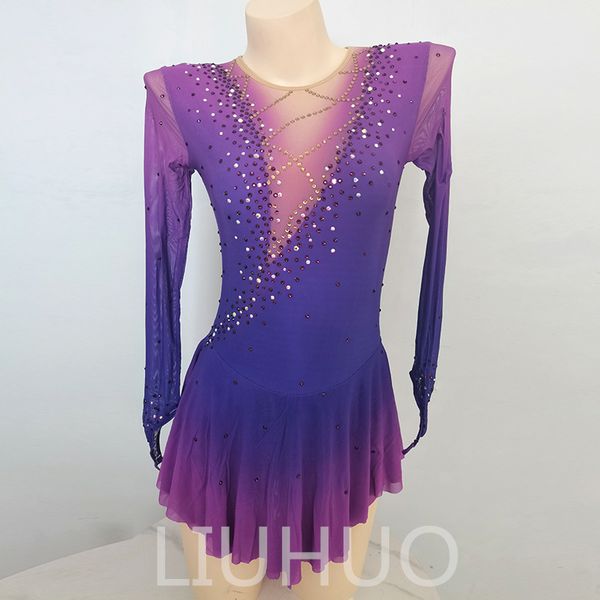 LIUHUO Personalizar Cores Vestido de Patinação Artística Meninas Adolescentes Patinação no Gelo Saia de Dança Cristais de Qualidade Elástico Spandex Roupa de Dança Performance de Balé Gradiente Roxo