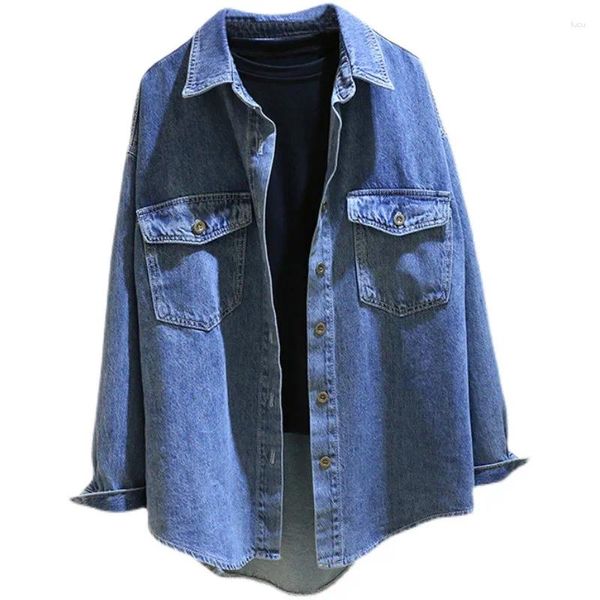 Damenblusen 2024 Frühling Vintage Wash Denim Shirt Jacke Frauen Kleidung Langarm Tasche Weibliche Jeans Einreiher Gerade Bluse