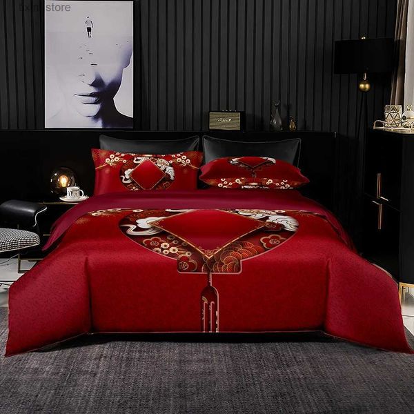 Conjuntos de cama Luxo Vermelho Conjunto de Cama Chinês Knot Imprimir Capa de Edredão 200x200 com Case264x228 Quilt CoverDouble Queen King Size Bed Set T240218