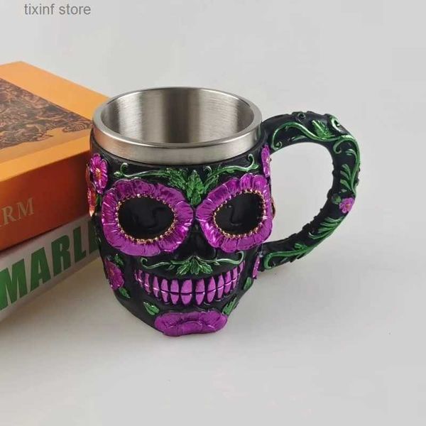 Tumblers 200/400 ml Schädel Blume GobletResin Stahl Tasse Kreative Bier Kaffeetasse Gothic 3D Weinglas Tassen Halloween Geschenk Todestag 2023 T240218