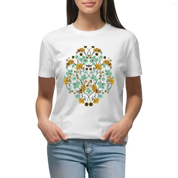 Damen-Poloshirts Warblers Moths – Gelbblaugrünes Frühlings-T-Shirt mit Blumen-/Vogelmuster, Damenbekleidung, übergroße Workout-Shirts für Frauen