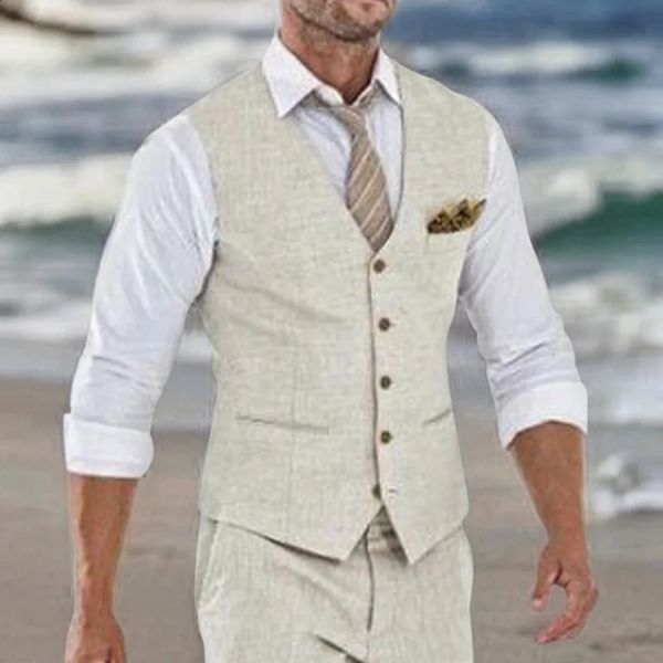 Beige Leinenanzugweste für Männer, Hochzeit, Sommer, Strandweste, V-Ausschnitt, Herrenmode, Kosten 240119