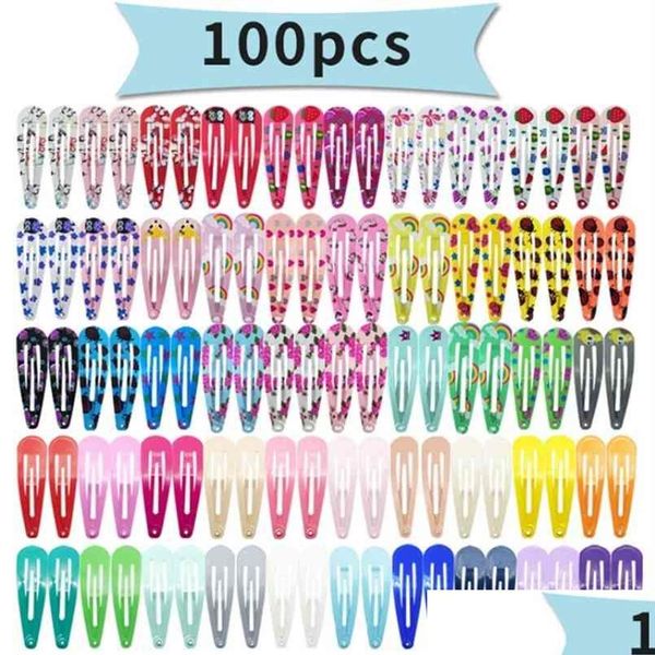 Acessórios de cabelo 100 pçs / lote crianças snap metal grampos de cabelo pinos bonito dos desenhos animados flor arco 5cm hairgrip colorf acessórios para bebê menina barr dhnvl