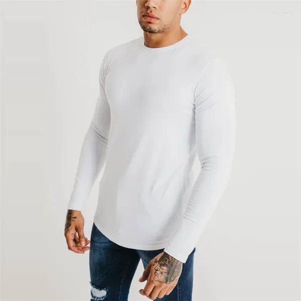 Erkekler Tişörtleri 2024 Moda O Boyun Uzun Kollu Gömlek Erkekler İnce Katı Beyaz T-Shirt Üstler Sıradan Kas Erkekleri Yaz Yaz Sonbahar Pamuk Giysileri