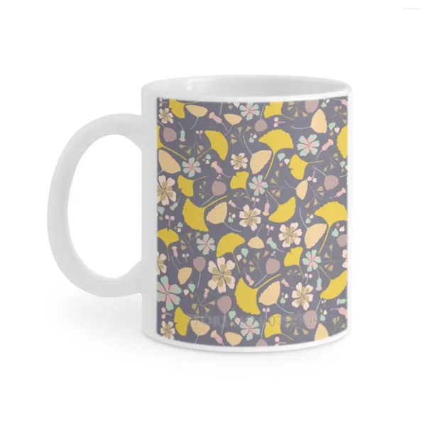 Canecas Gingko Love Caneca Branca Café Xícaras de Chá 330ml Padrão Floral Folhas Queda Flor Delicada