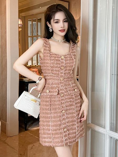 Abiti casual Elegante Celebrity Womens Tweed Dress for Women Retro Sexy Tank Single Single Singhe Avvolto Mini Abito Femme Party Bottom