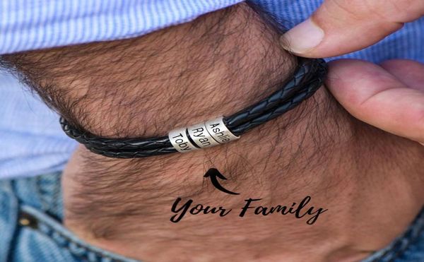 Personalisiertes Herren-Armband aus geflochtenem Echtleder, Edelstahl, individuelle Perlen, Namens-Charm-Armband für Männer mit Familiennamen 1982819