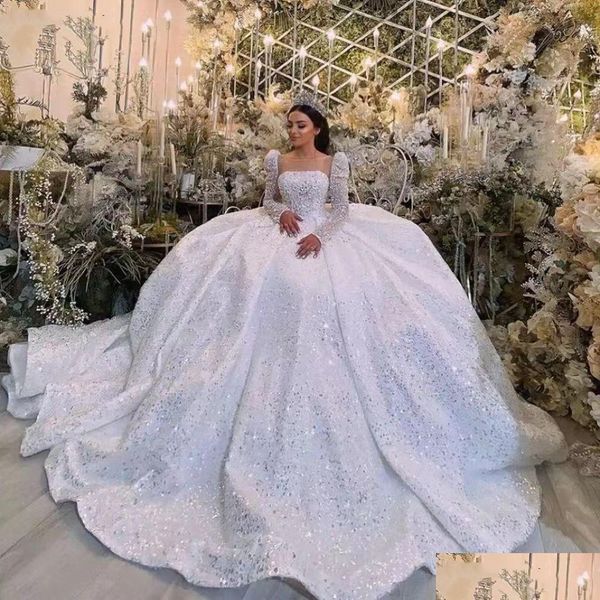 Abiti da sposa da ballo Abiti da sposa lussuosi con cristalli Fl Abiti da sposa 2024 Bling Abiti da sposa taglie forti Applicazioni Maniche lunghe Gar Otw4O